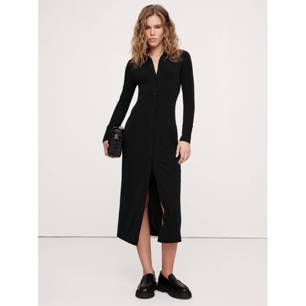 Banana Republic Black Jersey Knit Shirt Dress Maxi Long Sleeve Classic Fit S